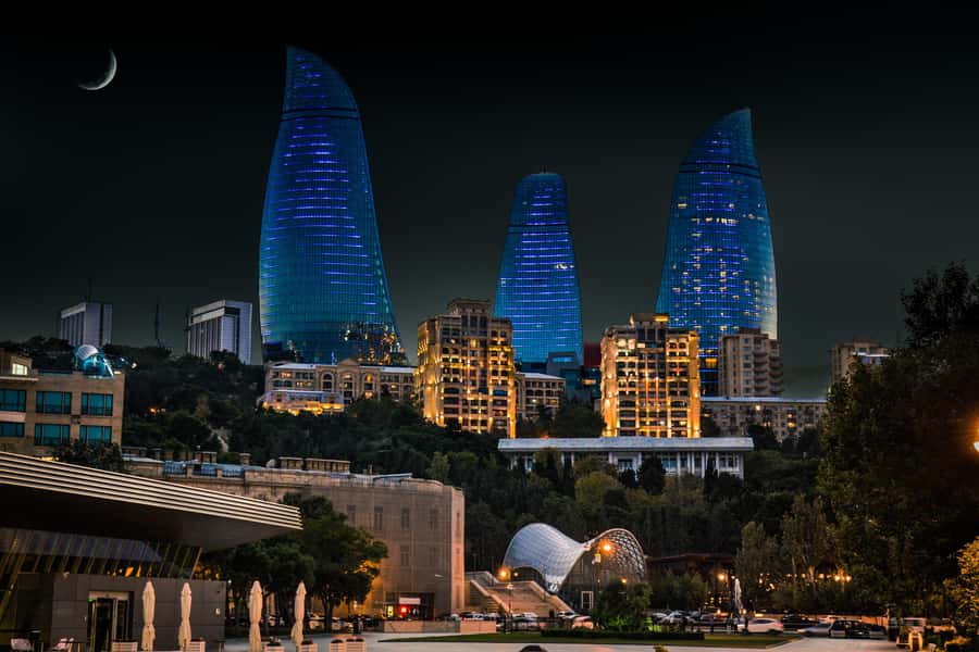Baku: Night Panoramic Group Tour with Flame Towers 1 - Flame Towers close-up: modern Baku’s light signature
