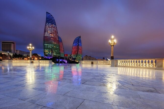 Baku Night Panoramic tour - Quick passes: Crystal Hall and the waterfront skyline details